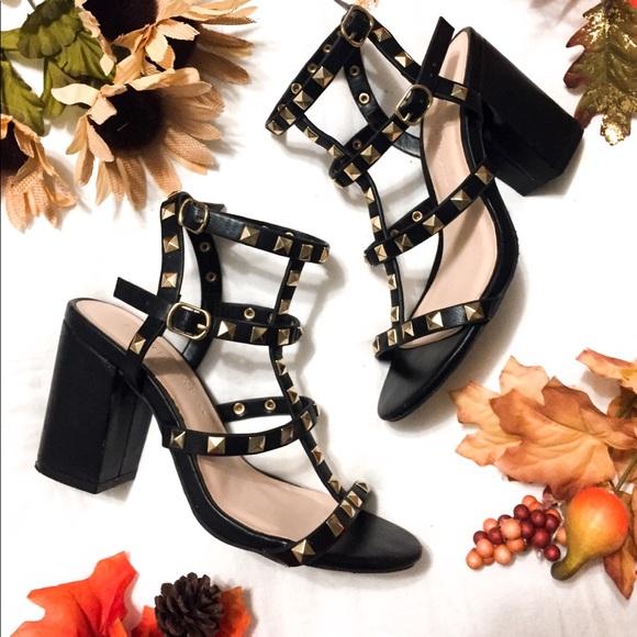 black studded ankle strap heels